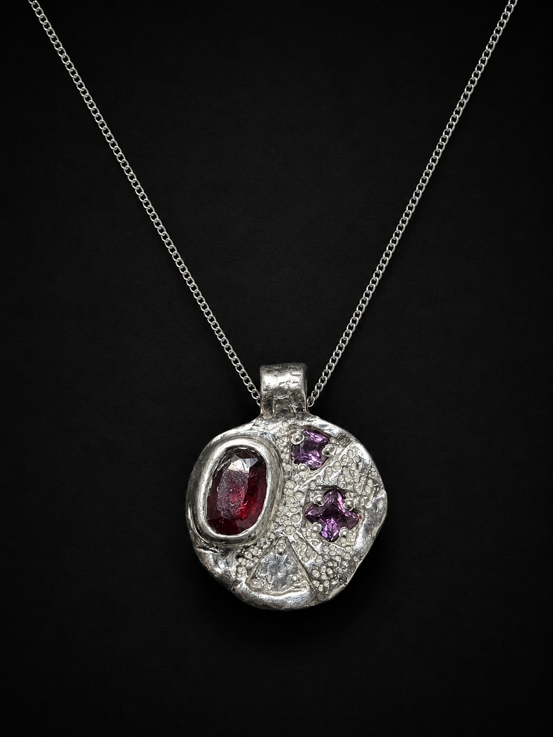 Sculpture Silver Pendant | Ruby, Pink & White Sapphire 2253-5