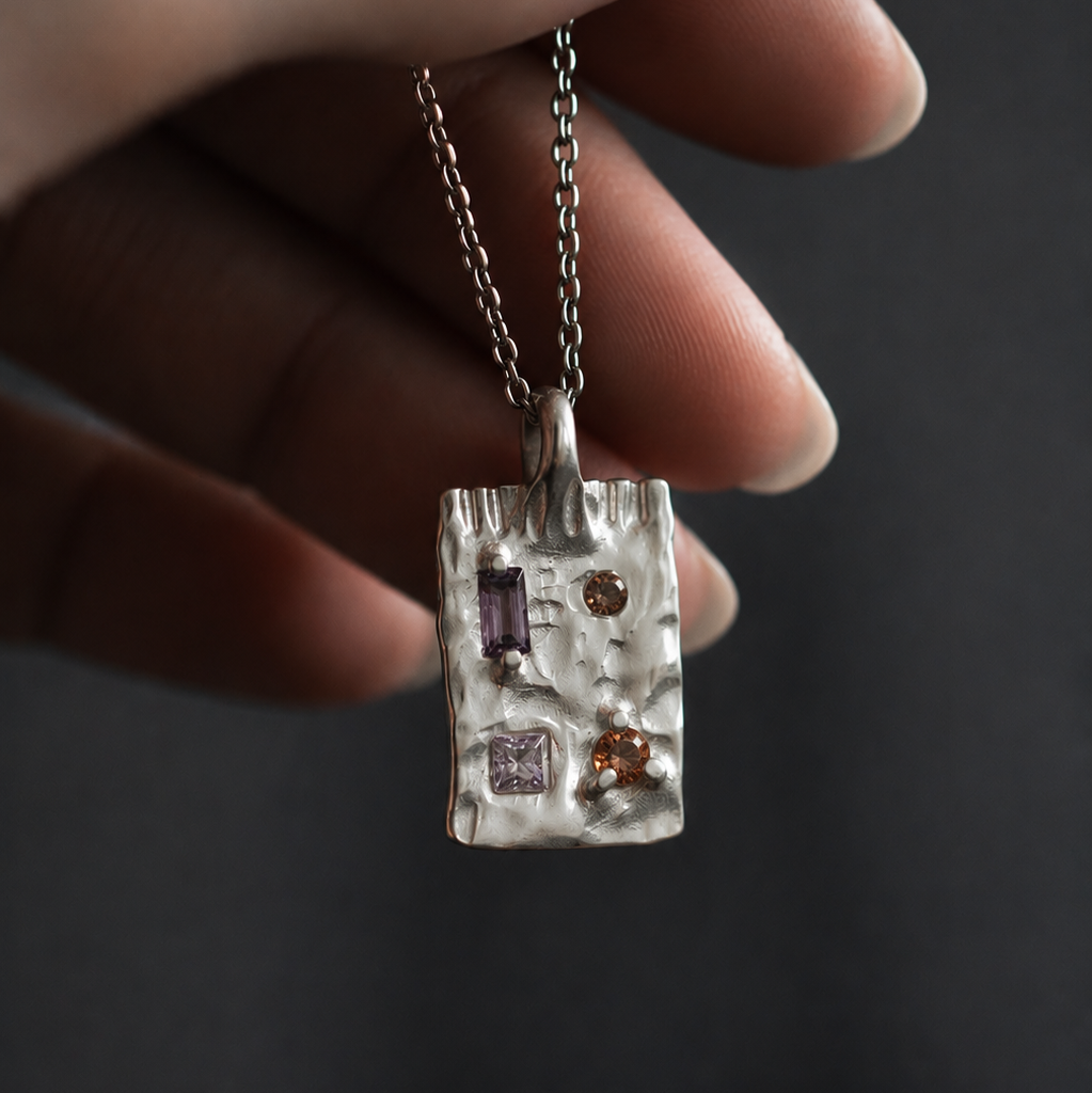 Talisman Ingot Silver Pendant | Amethyst, Pink Tourmaline, Pink & Orange Sapphire 1823-2