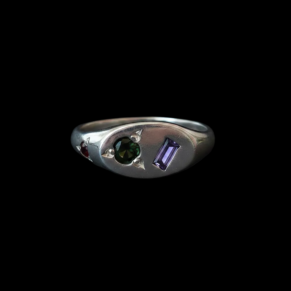 Pickle Mini Oval Silver Signet | Amethyst, Green Tourmaline & Garnet 2065-4