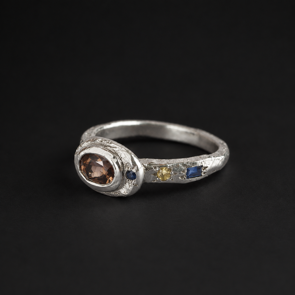 Poet Silver Ring | Brown Zircon & Sapphire 2249-4