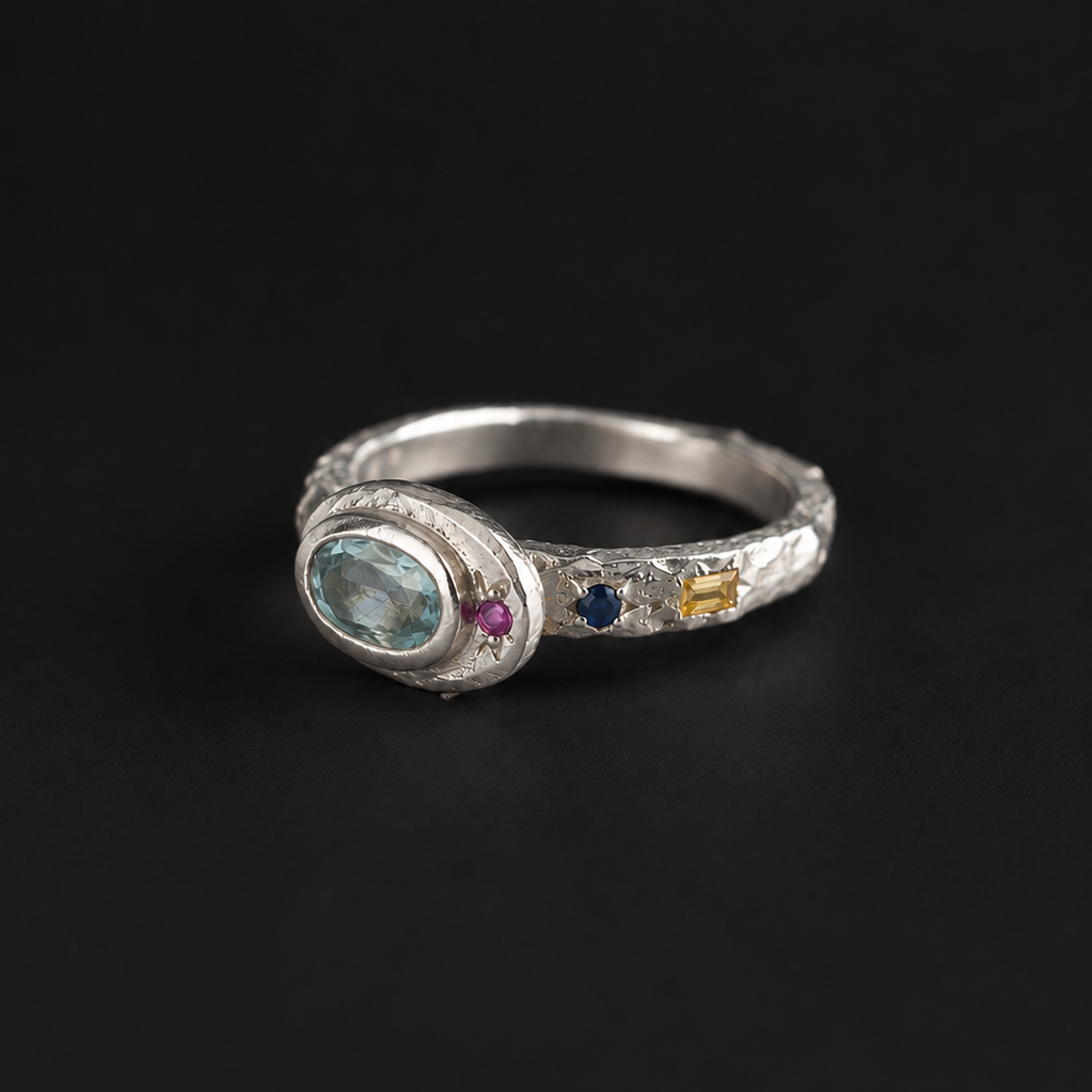 Poet Silver Ring | Aquamarine & Sapphire 2249-3