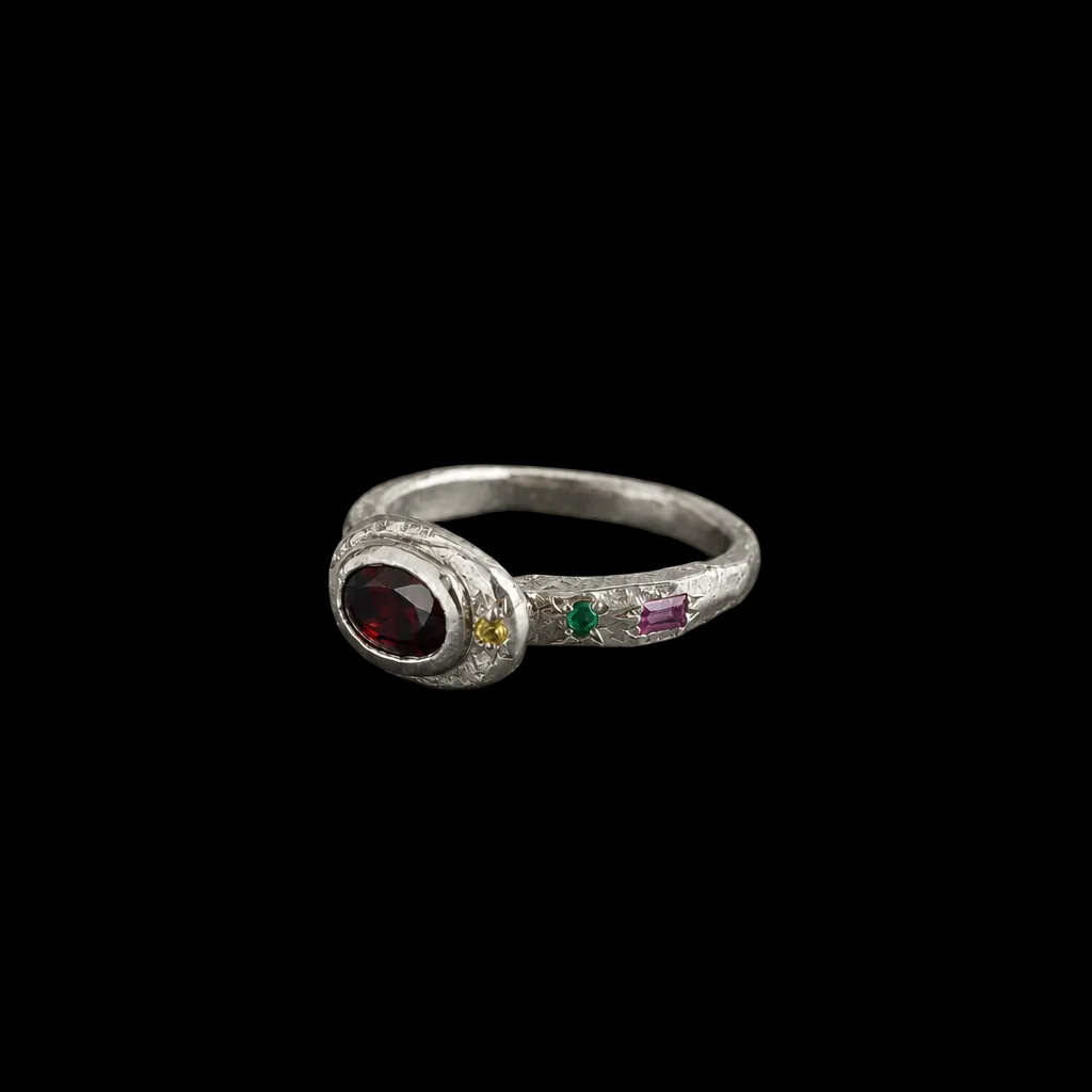 Poet Silver Ring | Garnet, Emerald, Pink & Yellow Sapphire 2249-1