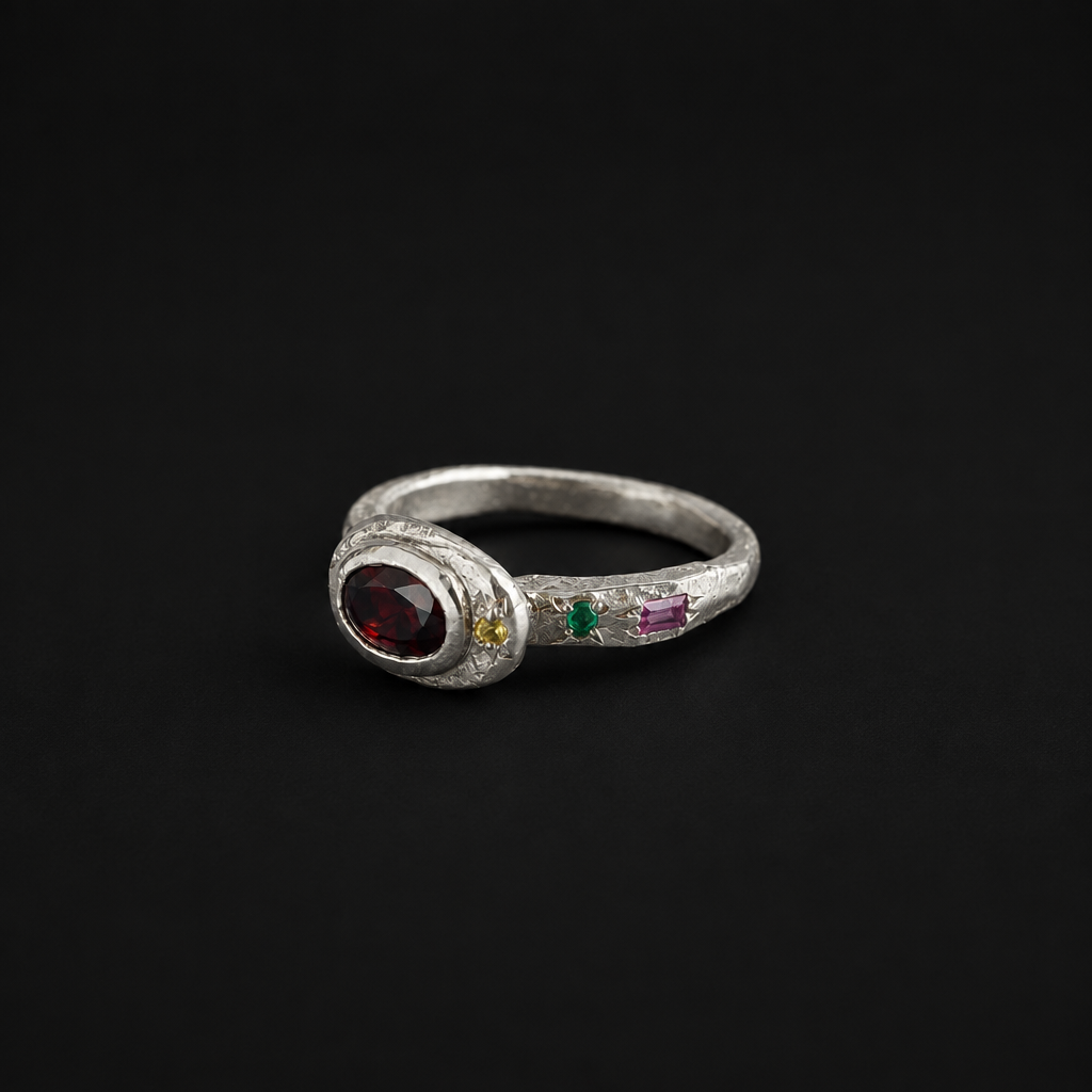 Poet Silver Ring | Garnet, Emerald, Pink & Yellow Sapphire 2249-1