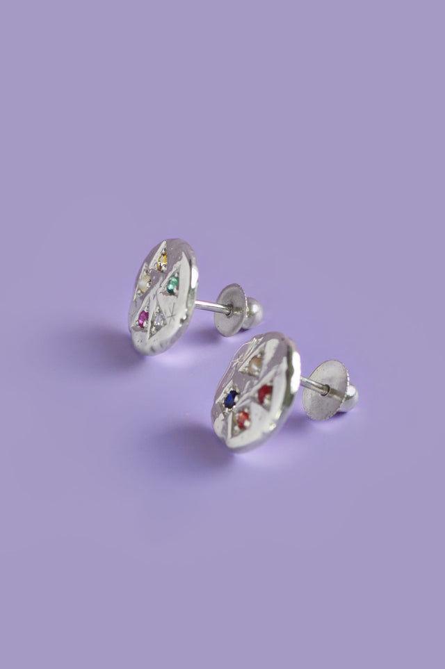 Navaratna Silver Disc Stud Earrings