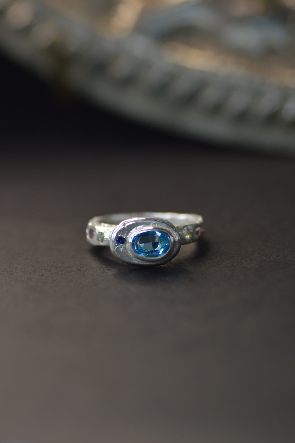 Poet Silver Ring -  Blue Topaz with Aquamarine with Sapphire accents 1249-5