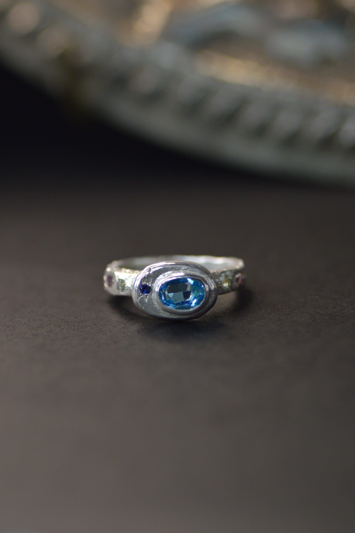 Poet Silver Ring -  Blue Topaz with Aquamarine with Sapphire accents 1249-5
