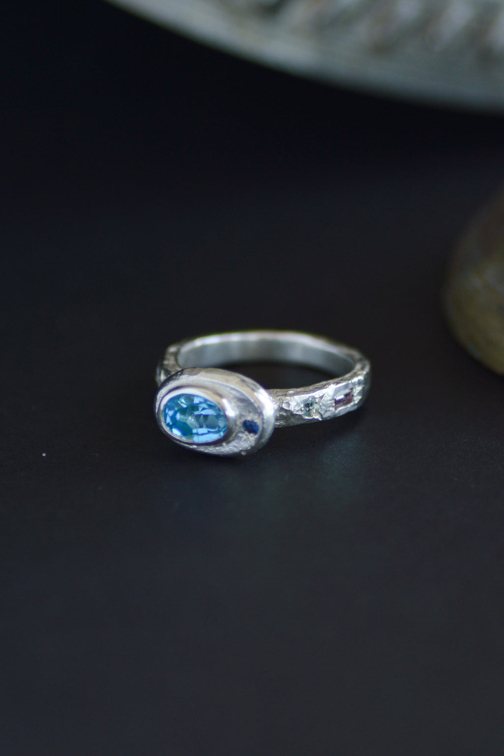 Poet Silver Ring -  Blue Topaz with Aquamarine with Sapphire accents 1249-5