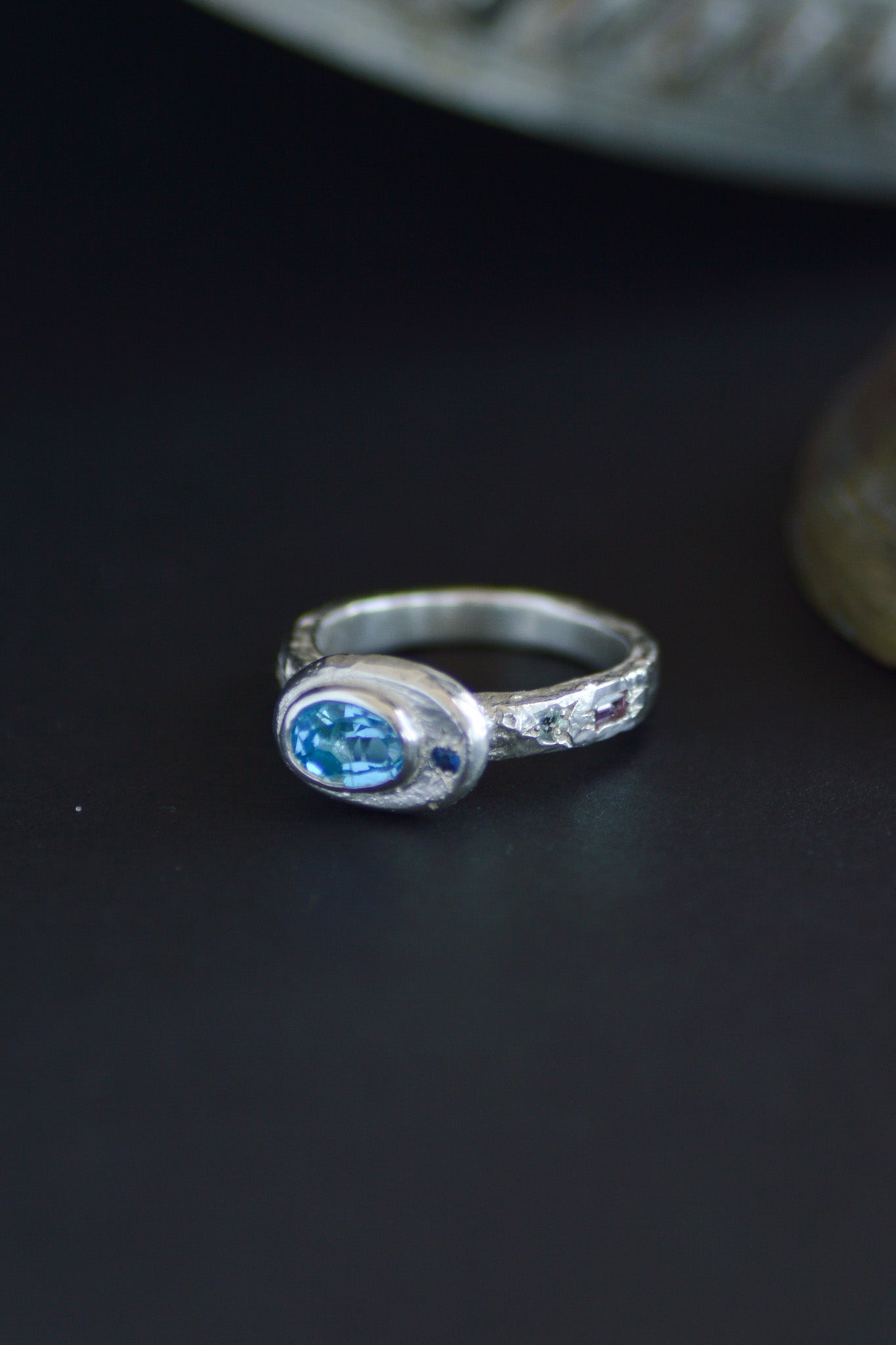 Poet Silver Ring -  Blue Topaz with Aquamarine with Sapphire accents 1249-5