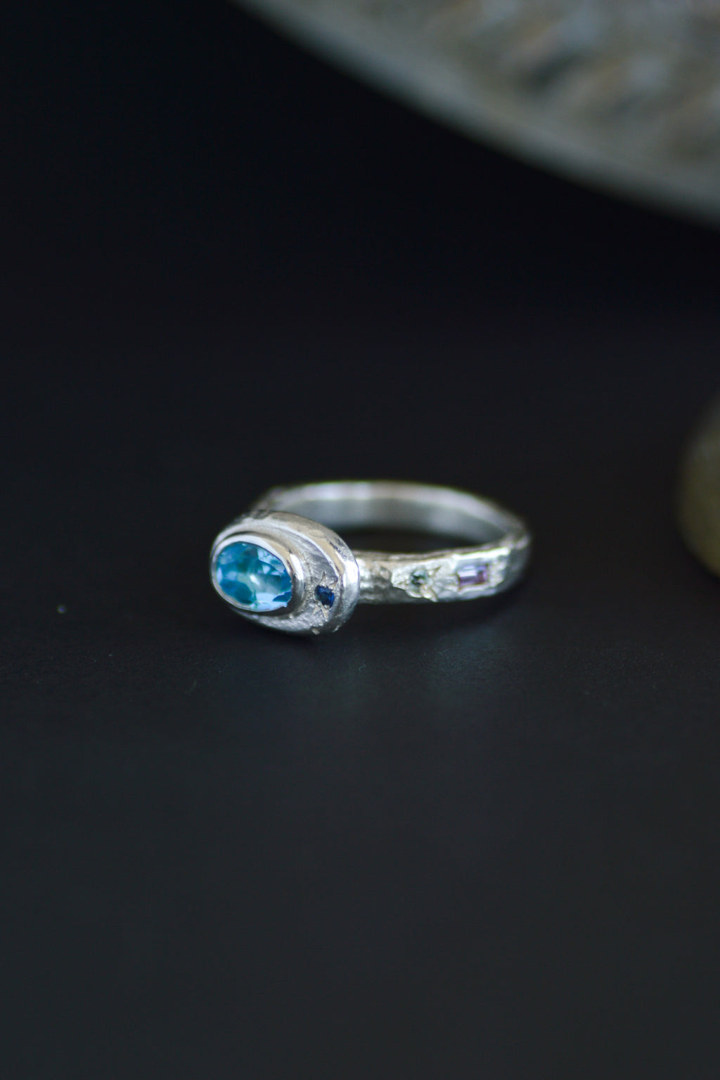 Poet Silver Ring -  Blue Topaz with Aquamarine with Sapphire accents 1249-5