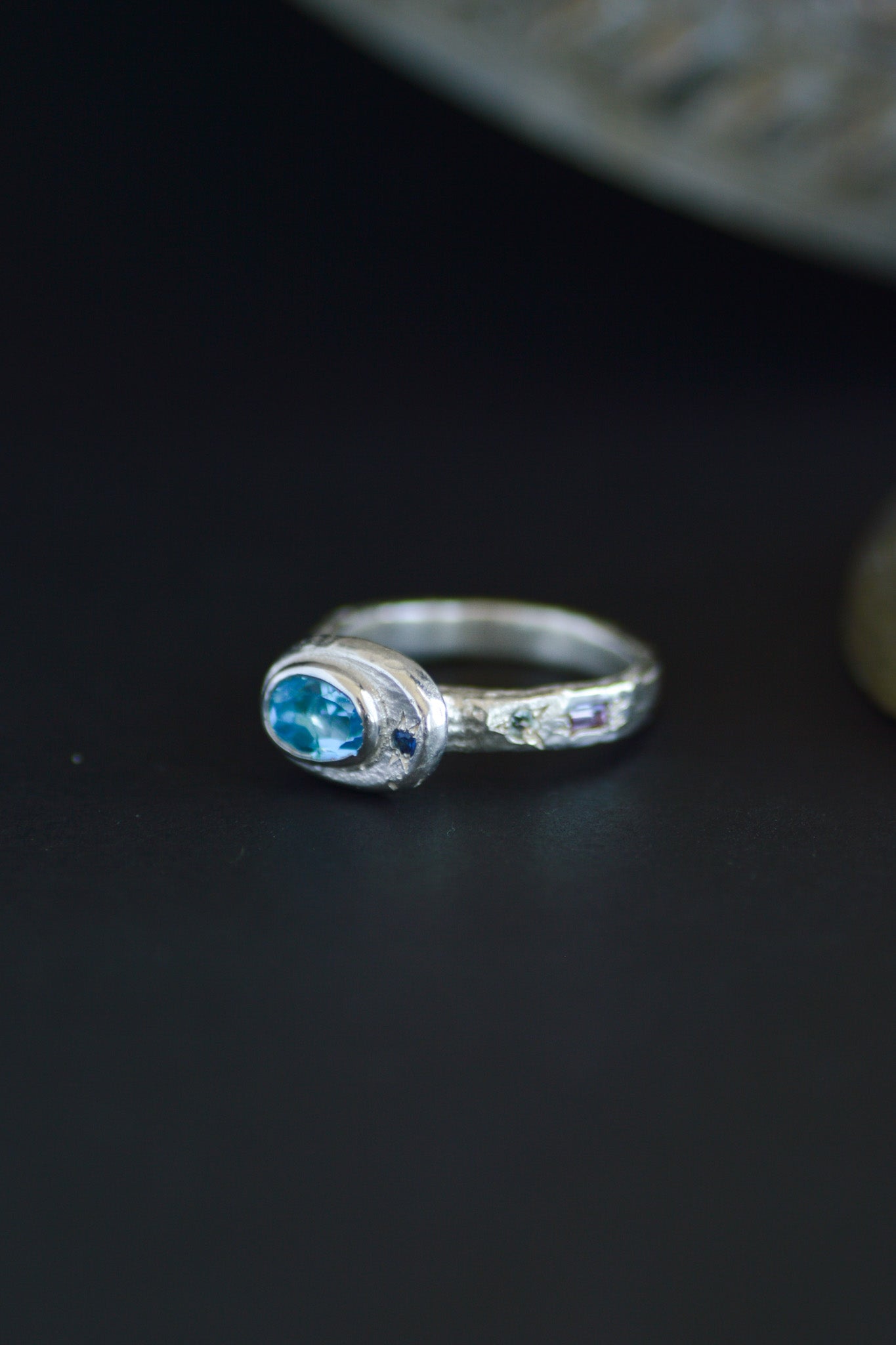 Poet Silver Ring -  Blue Topaz with Aquamarine with Sapphire accents 1249-5