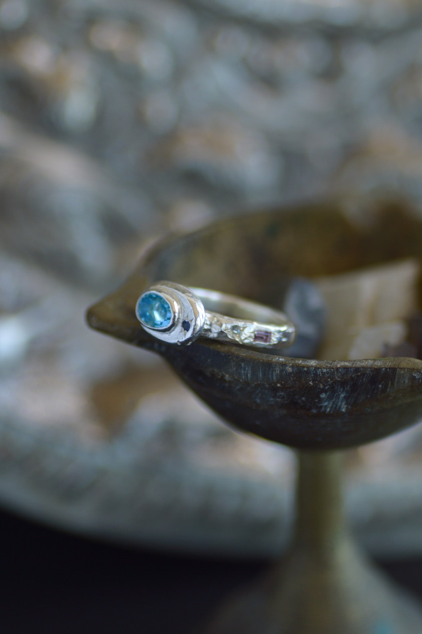 Poet Silver Ring -  Blue Topaz with Aquamarine with Sapphire accents 1249-5