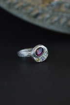 Sculpture Silver Ring - Garnet & Sapphire 1218-1