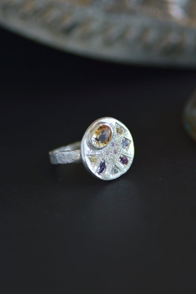 Palette Citrine, Aquamarine, Sapphire & Garnet SIlver Ring 1223-3