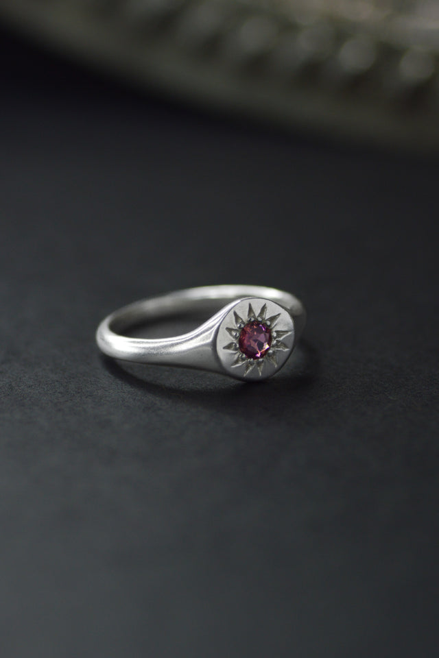 Daisy Rhodolite Garnet Signet Silver Ring