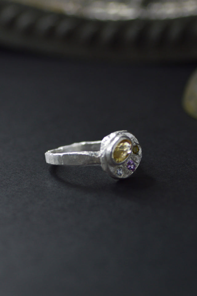 Sculpture Citrine & Sapphire Silver RIng 1218-4