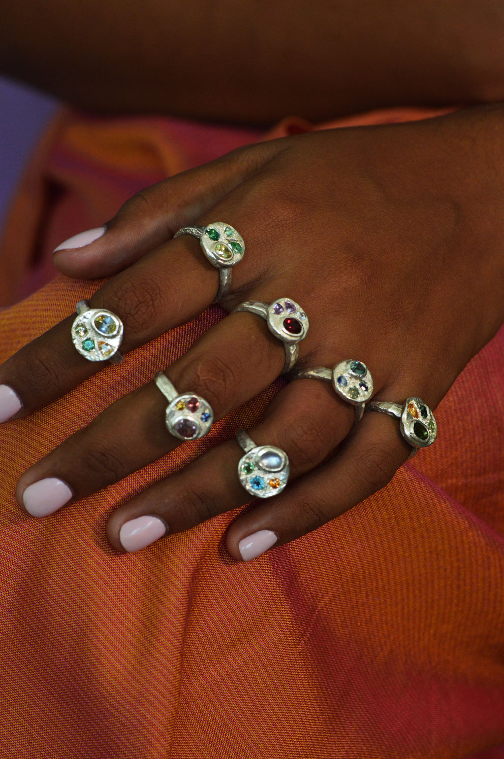 Sculpture Silver Ring | Garnet, Blue Topaz, Pink Tourmaline & Green Tourmaline 2064-5