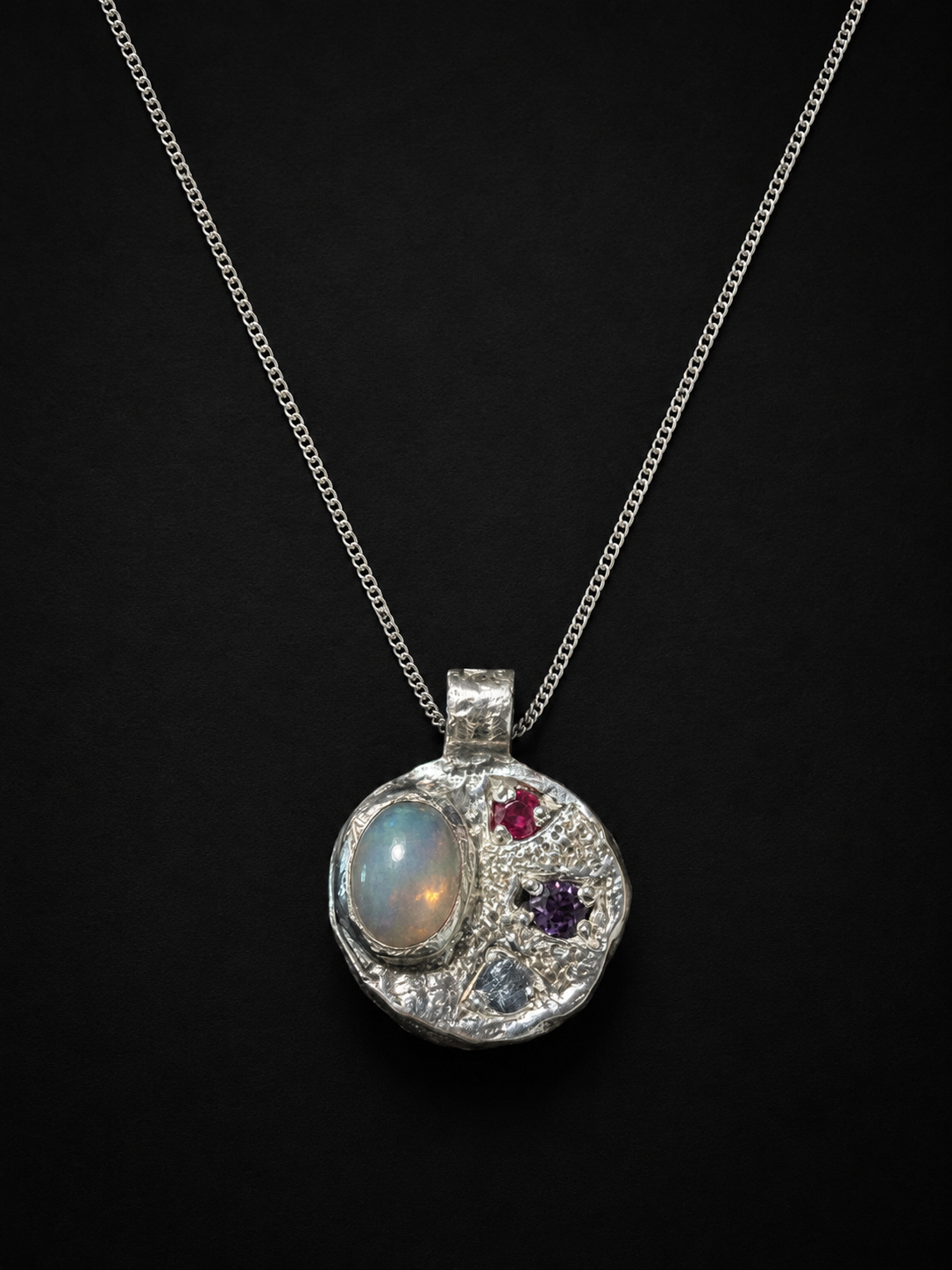 Sculpture Silver Pendant | Opal, Ruby, Blue & Purple Sapphire 2275-1