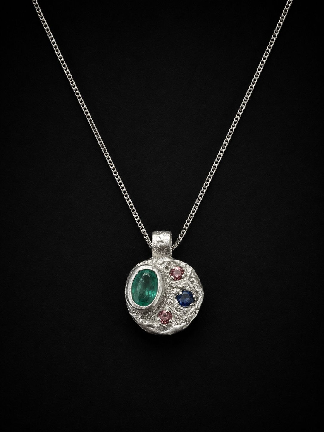Sculpture Silver Pendant | Pink Sapphire, Emerald, Blue Sapphire & Pink Sapphire 2275-2