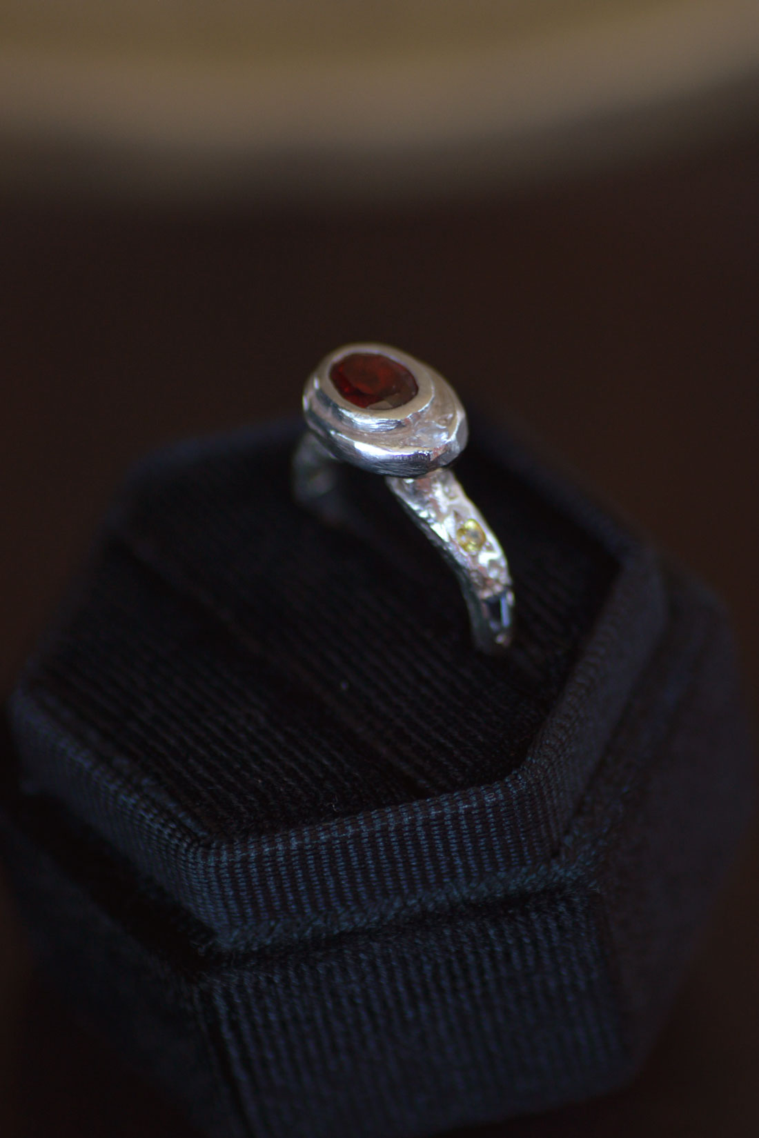 Poet Silver Ring -  Garnet with Sapphire Accents 1215-1