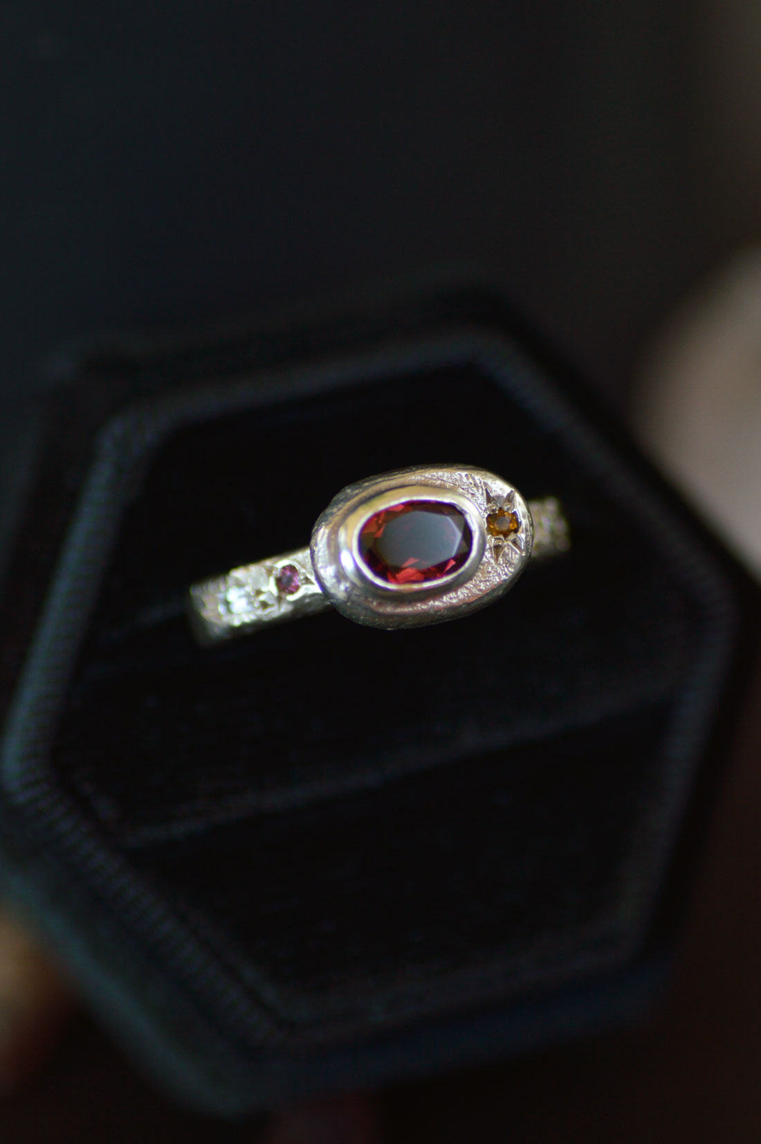 Poet Silver Ring -  Garnet with Sapphire Accents 1215-1