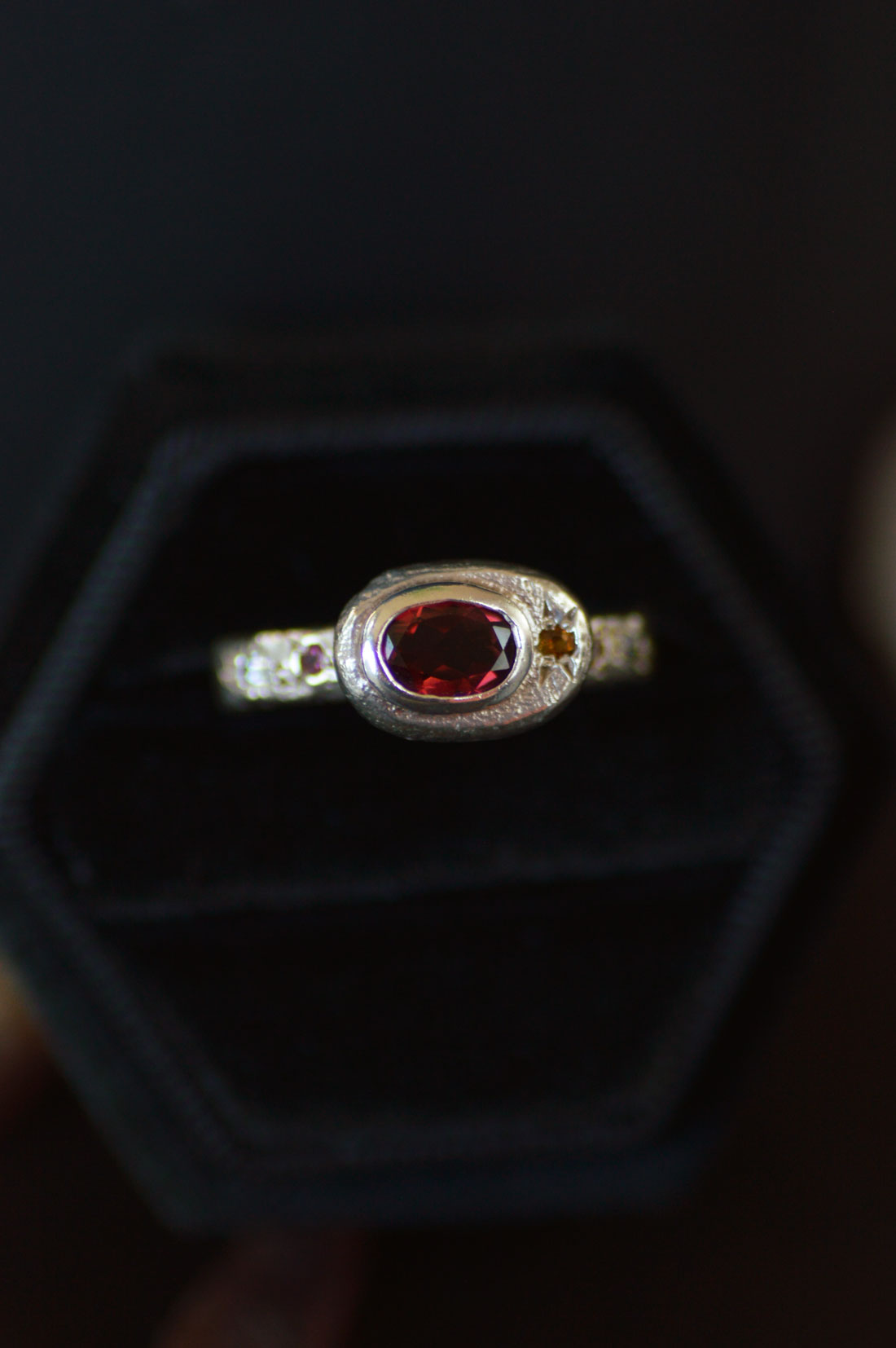 Poet Silver Ring -  Garnet with Sapphire Accents 1215-1