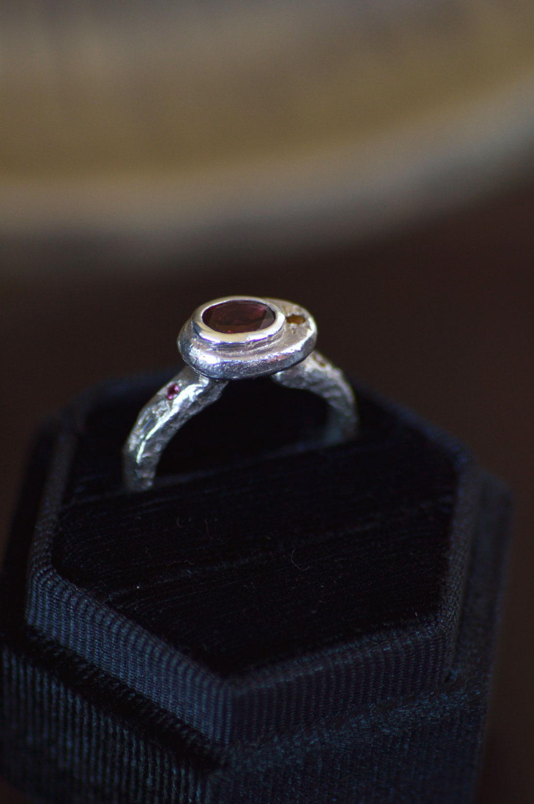 Poet Silver Ring -  Garnet with Sapphire Accents 1215-1