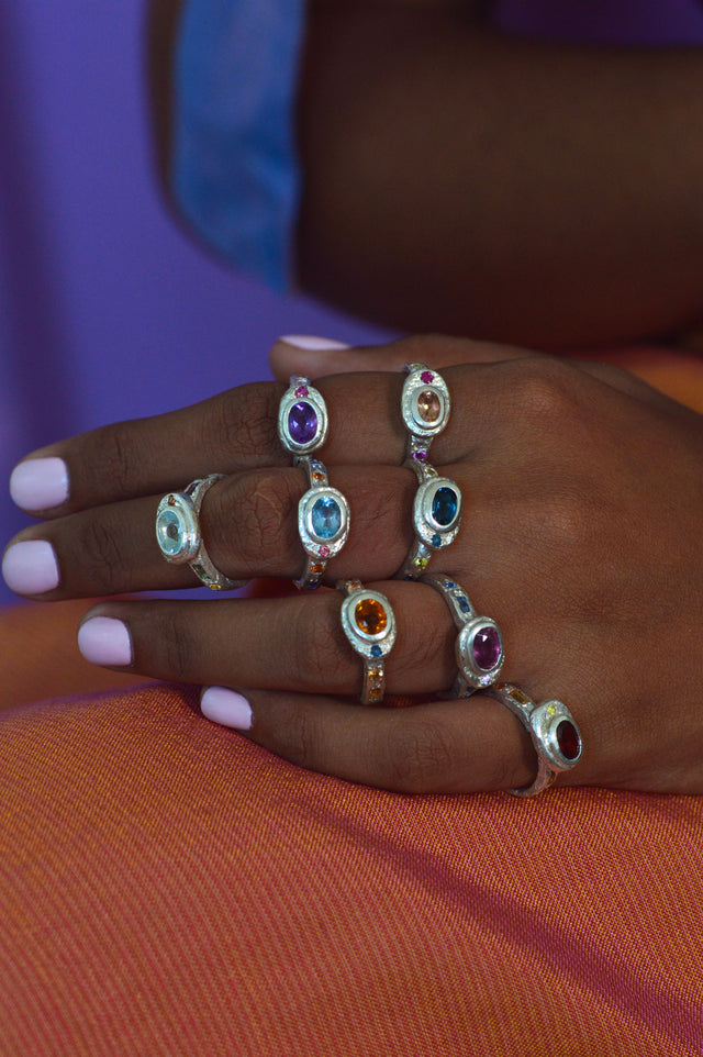 Poet Amethyst, Sapphire & Garnet Silver Ring 747-1