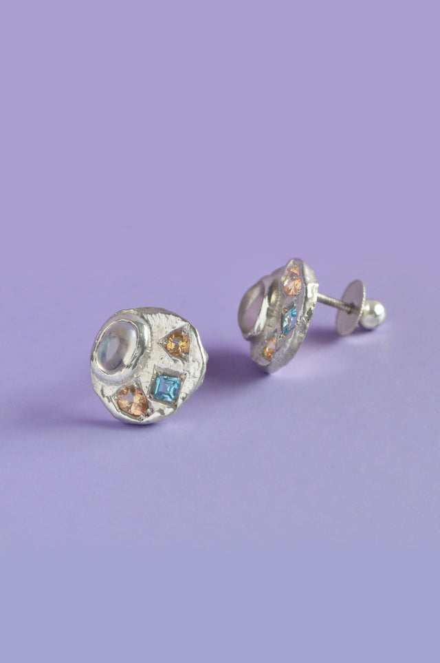 Sculpture Sapphire, Moonstone, Topaz & Beryl Silver Studs 748-1