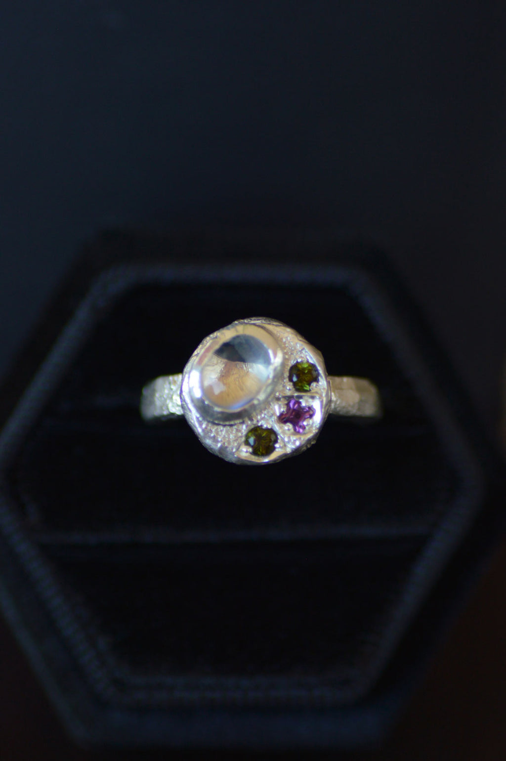 Sculpture Silver Ring- Moonstone, Tourmaline & Sapphire 1655-2