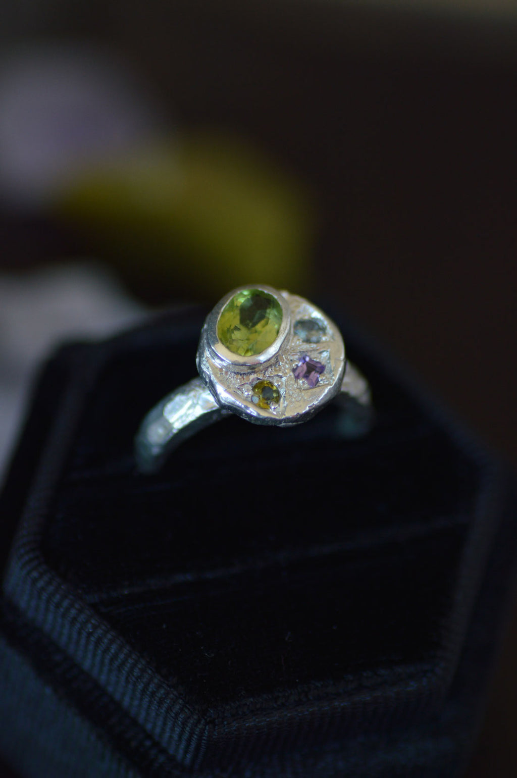 Sculpture Silver Ring - Peridot, Sapphire & Tourmaline 1655-6