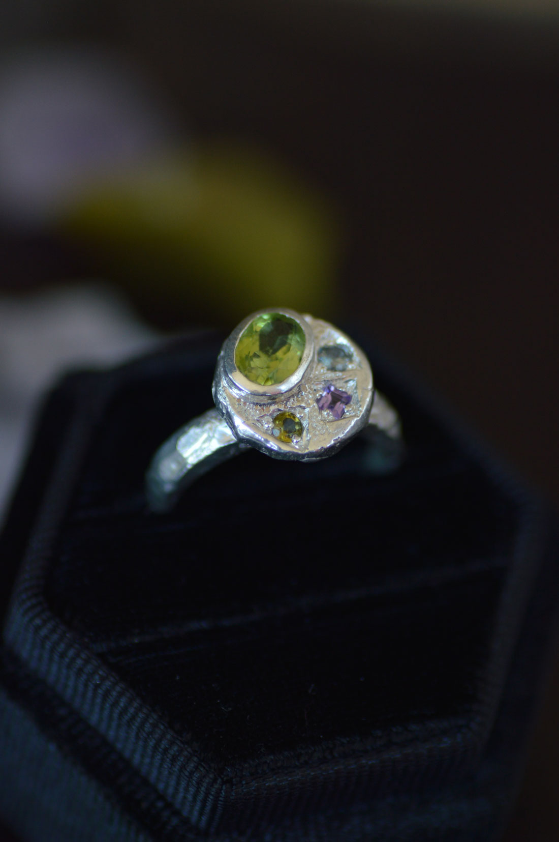 Sculpture Silver Ring - Peridot, Sapphire & Tourmaline 1655-6