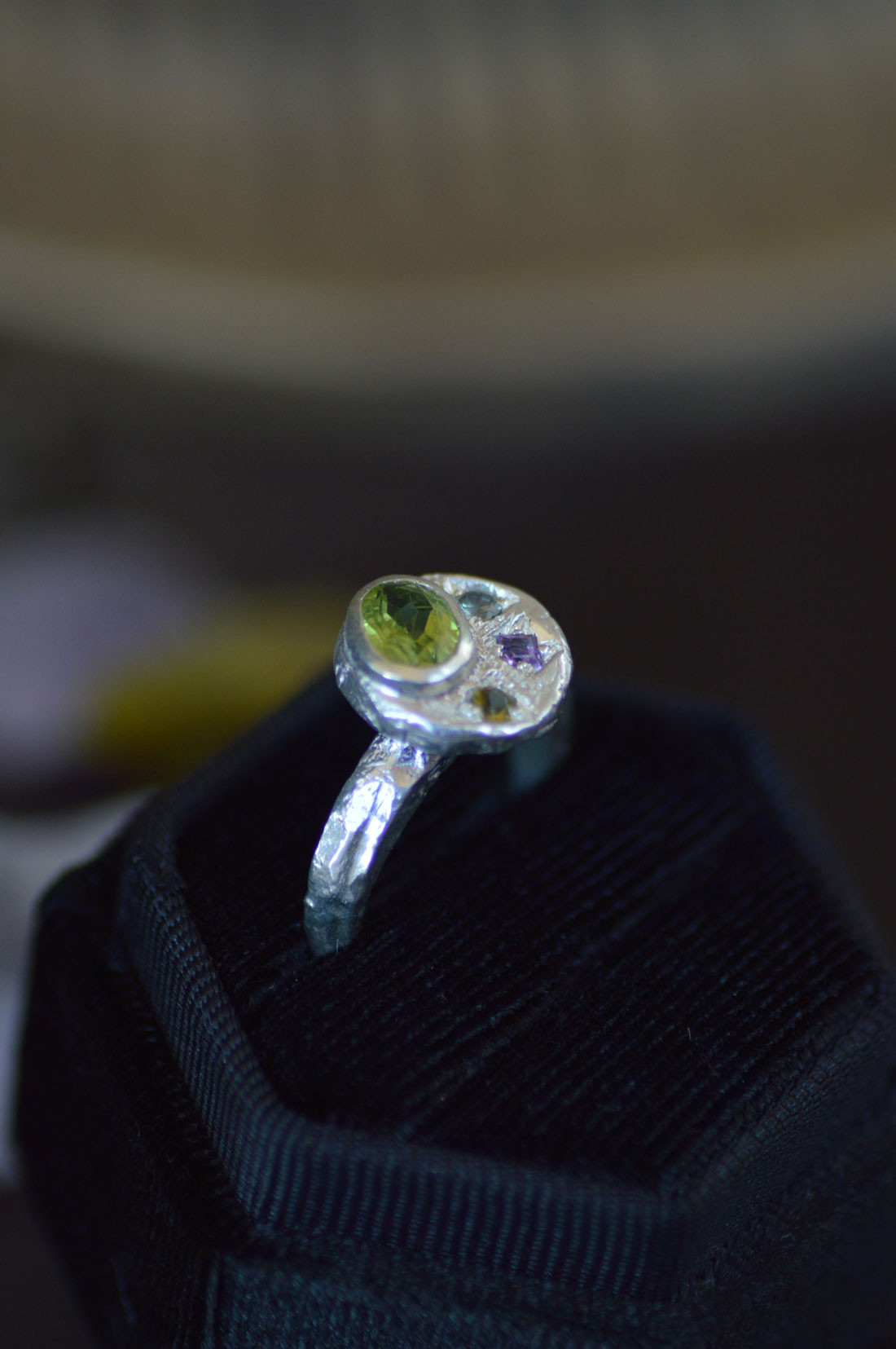 Sculpture Silver Ring - Peridot, Sapphire & Tourmaline 1655-6