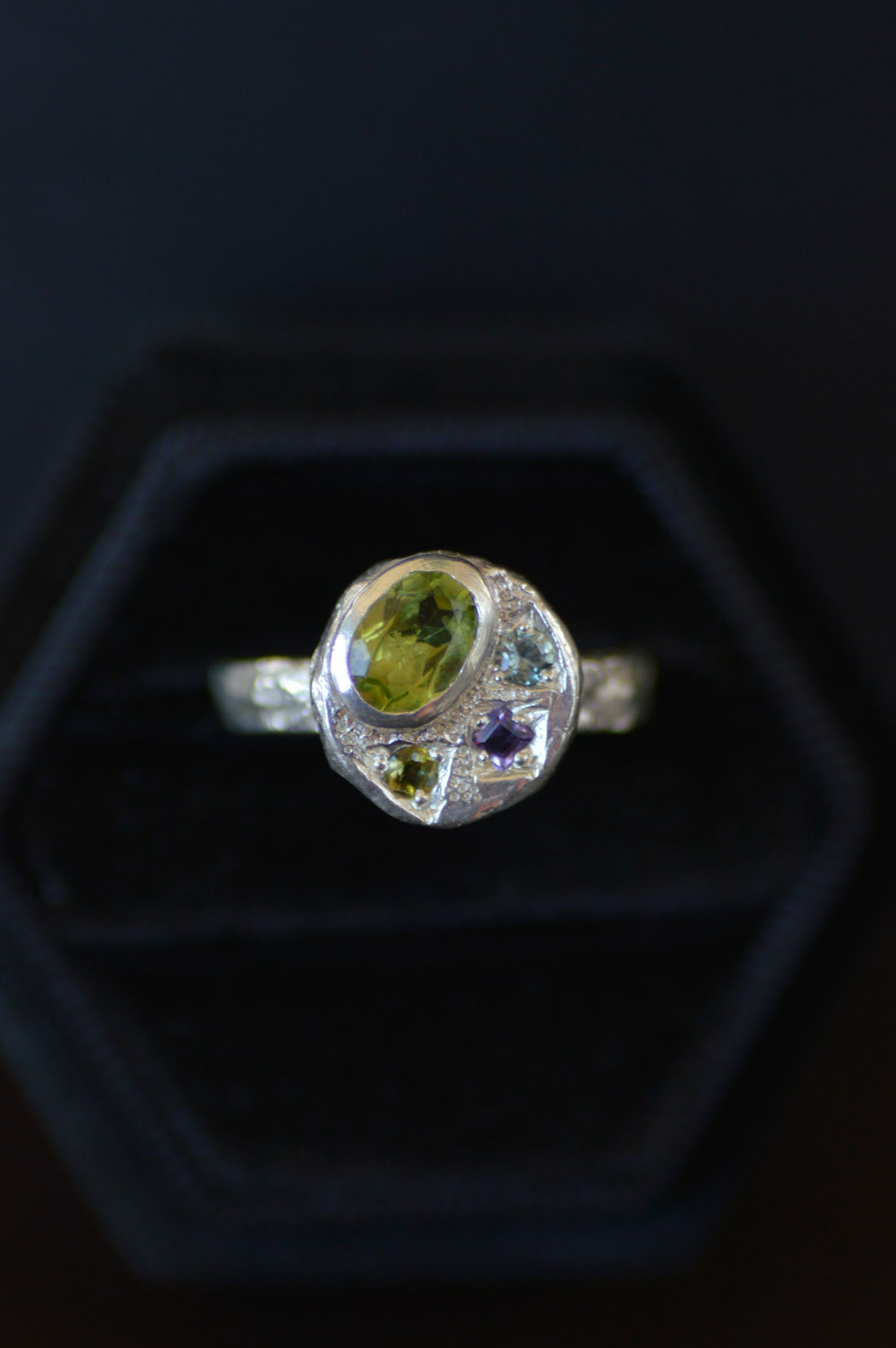Sculpture Silver Ring - Peridot, Sapphire & Tourmaline 1655-6