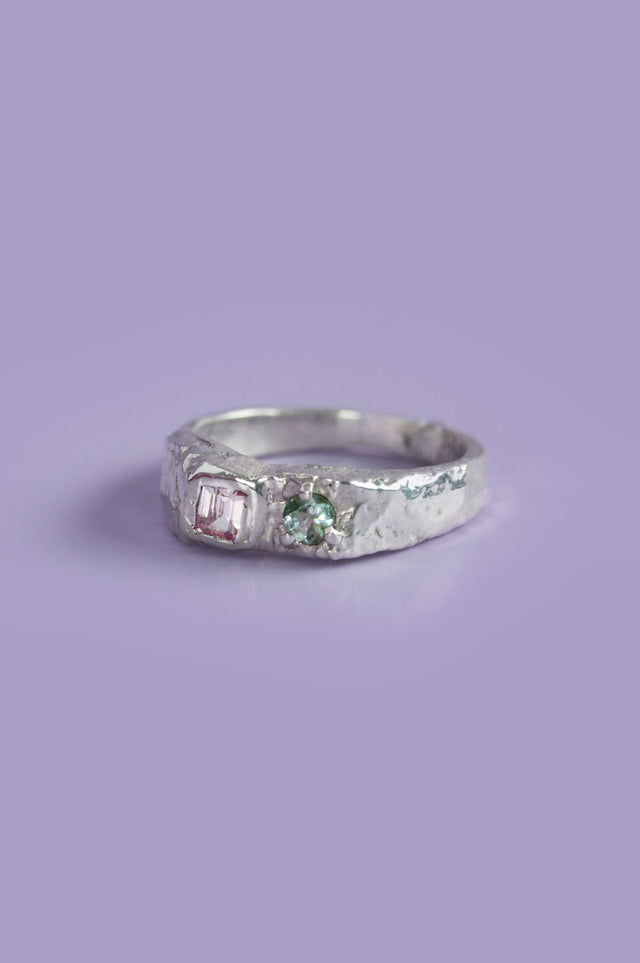 Duet Pink & Green Sapphire Silver Ring 768-3
