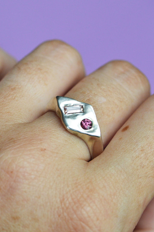 Frankie Pink & Peach Sapphire Silver Signet 718-10