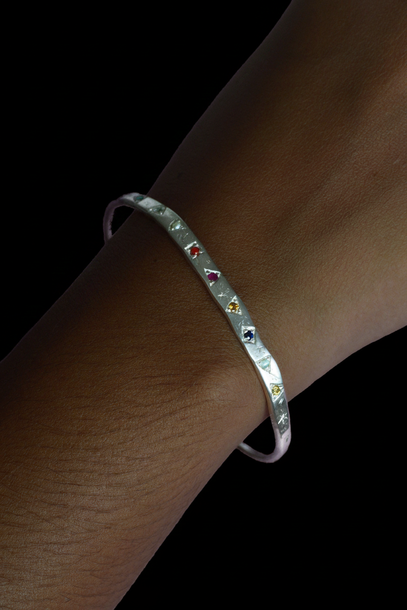 Navaratna Silver Bangle | Sacred Nine Gems