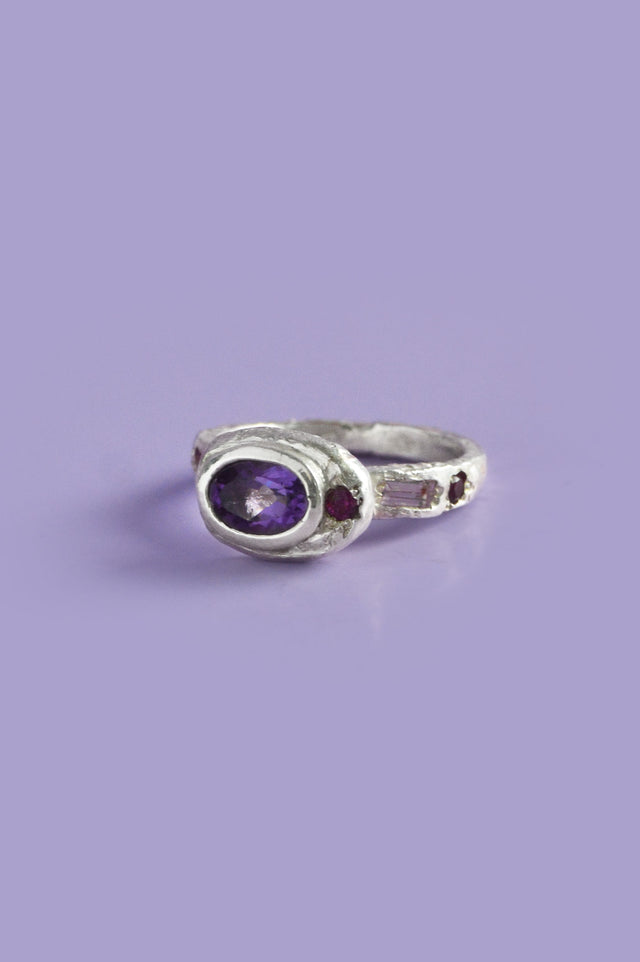 Poet Amethyst, Sapphire & Garnet Silver Ring 747-1