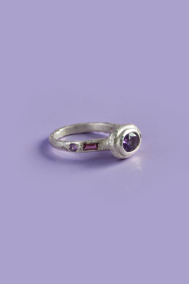 Poet Amethyst, Sapphire & Garnet Silver Ring 747-1