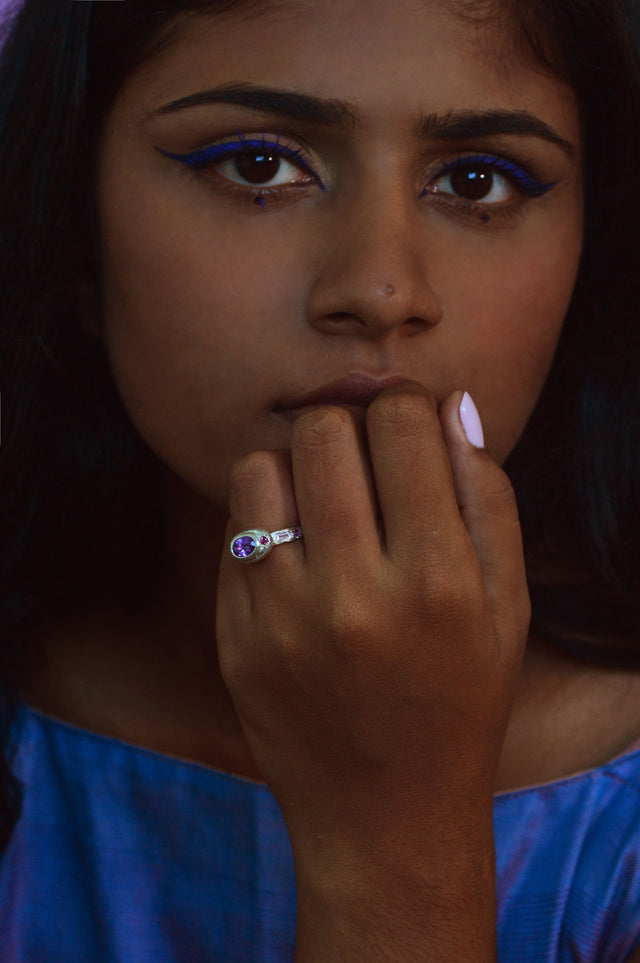 Poet Amethyst, Sapphire & Garnet Silver Ring 747-1
