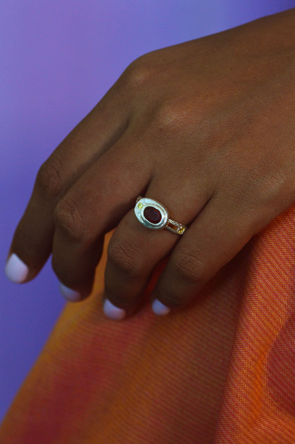 Poet Silver Ring - Garnet with Sapphire Accents 747-2