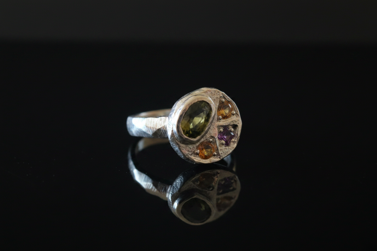 Sculpture Silver Ring | Ruby, Pink Tourmaline & Sapphire 2064-8