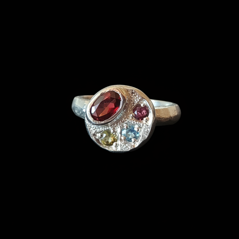 Sculpture Silver Ring | Garnet, Blue Topaz, Pink Tourmaline & Green Tourmaline 2064-5