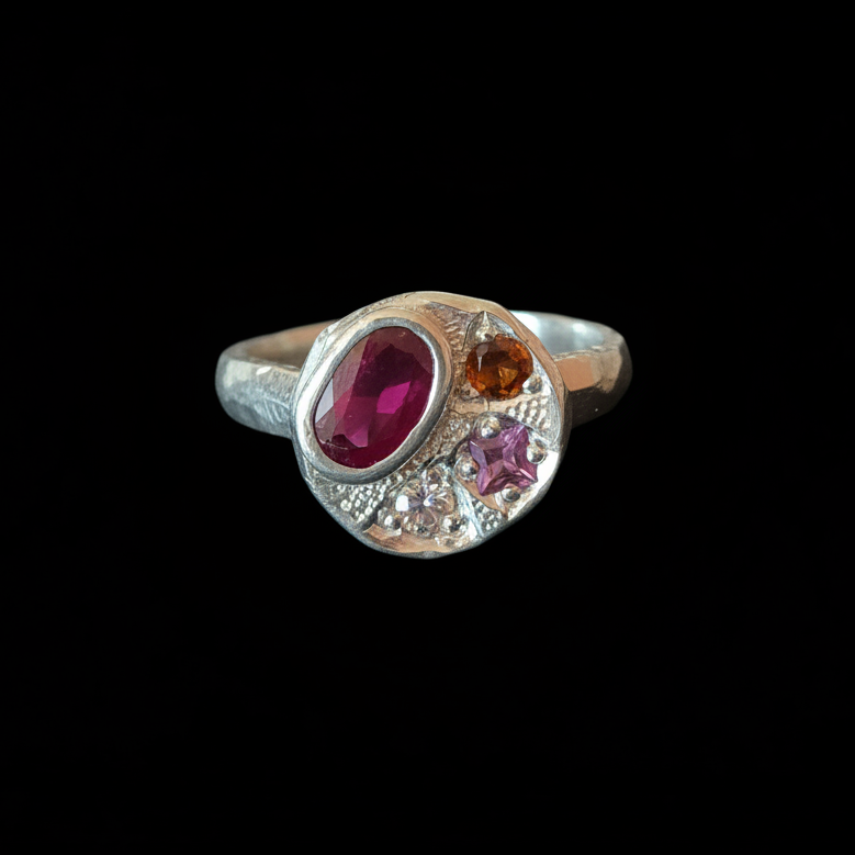 Sculpture Silver Ring | Ruby, Pink Tourmaline & Sapphire 2064-2