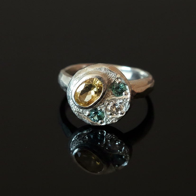 Sculpture Silver Ring | Citrine & Sapphire 2064-1