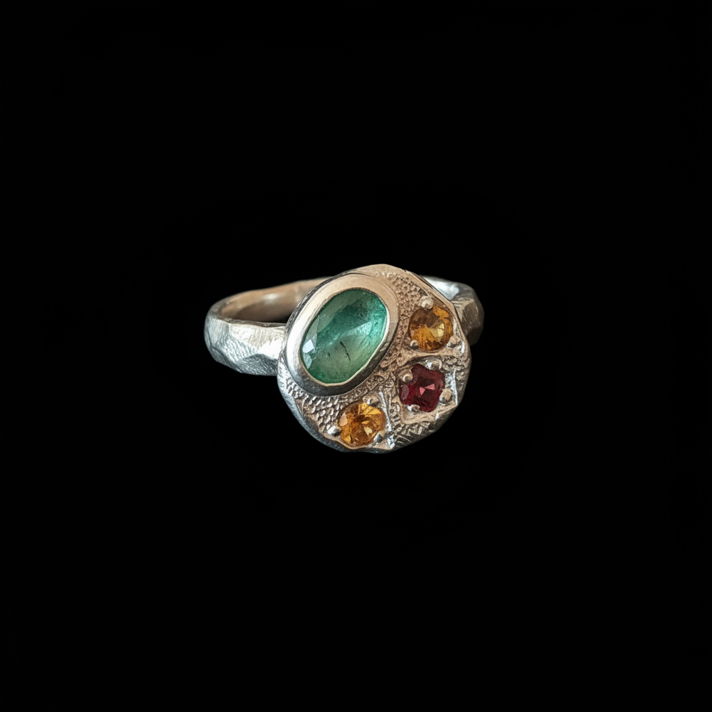 Sculpture Silver Ring | Emerald, Garnet, Yellow Tourmaline & Sapphire 2064-3