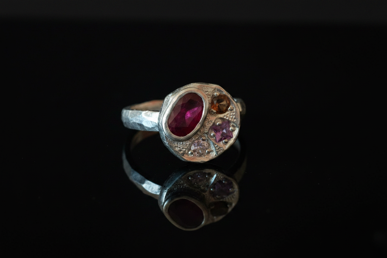 Sculpture Silver Ring | Ruby, Pink Tourmaline & Sapphire 2064-2