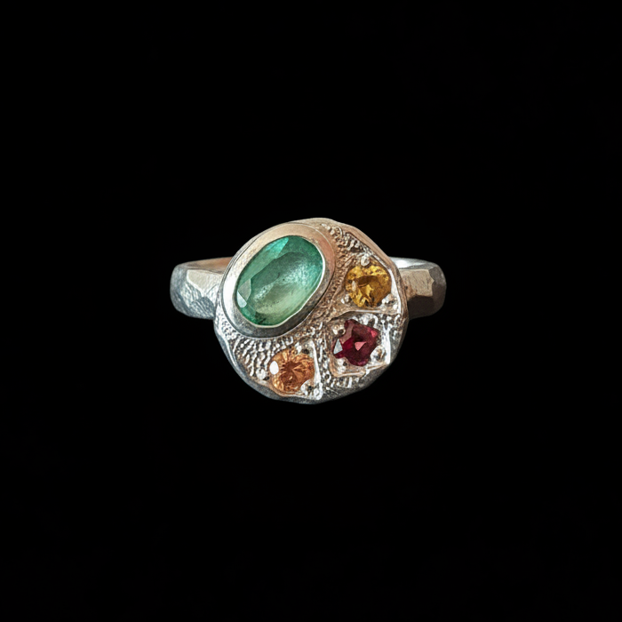 Sculpture Silver Ring | Emerald, Garnet, Yellow Tourmaline & Sapphire 2064-3