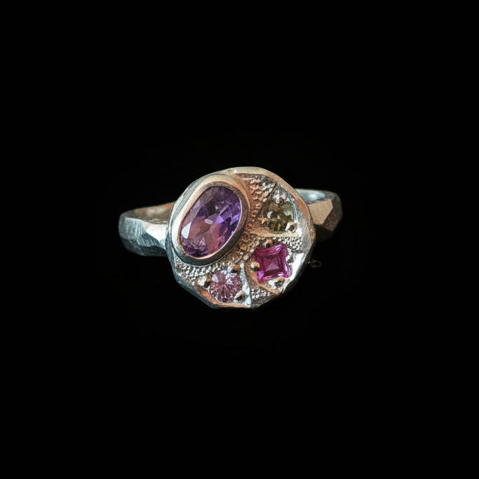 Sculpture Silver Ring | Amethyst, Pink Sapphire, Purple Sapphire & Green Sapphire 2064-7